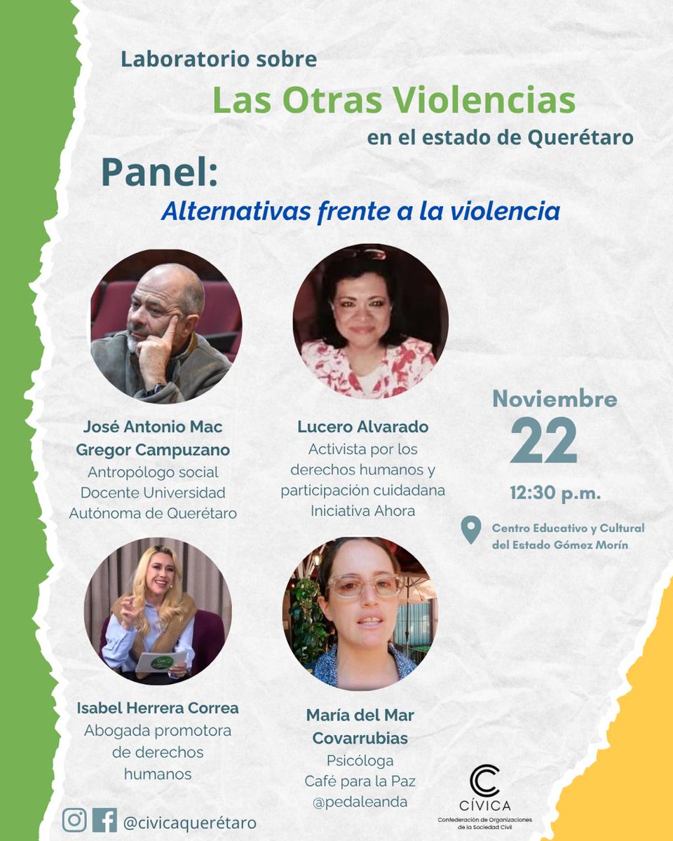 ¿Quieres conocer más sobre las formas de violencia en el estado de #Querétaro? 🗣️

Participa en el Laboratorio sobre las otras violencias en la entidad

📅 22 de noviembre
⏰ 09:00 hrs
📍 Centro Educativo y Cultural del Estado Gómez Morin

Convoca: <a href="/BajoTierraMu/">BajoTierra Museo del Agua</a>

¡No faltes! ✊💜