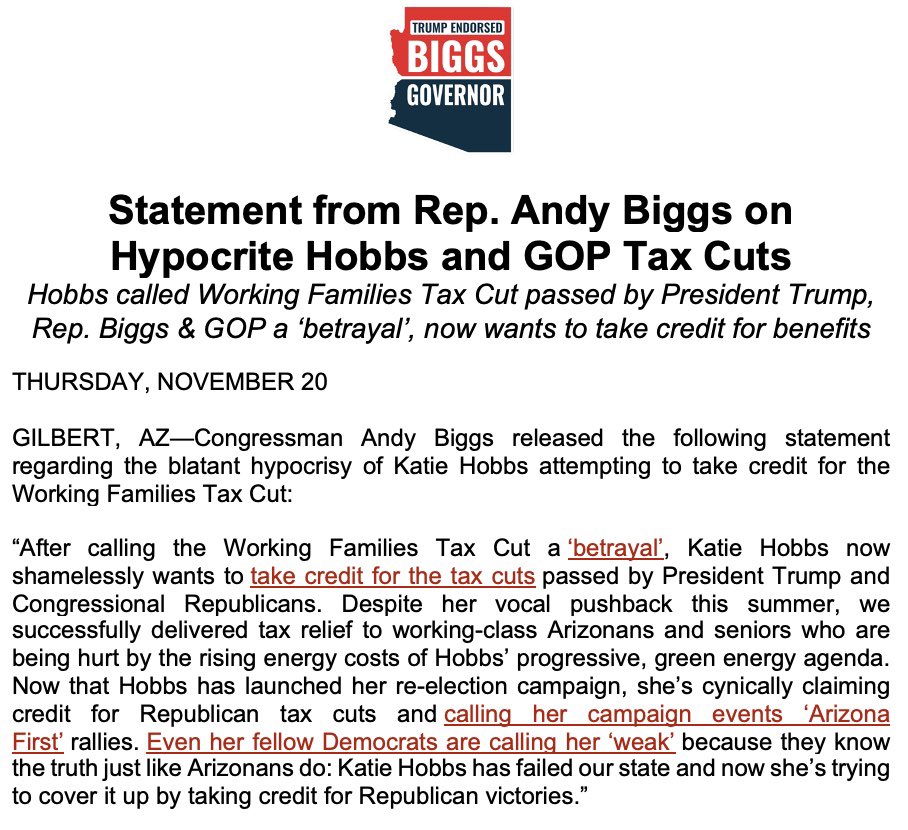 Katie Hobbs has failed Arizona and now she’s trying to cover it up by taking credit for Republican victories.

Arizonans know better than to trust Hypocrite Hobbs.