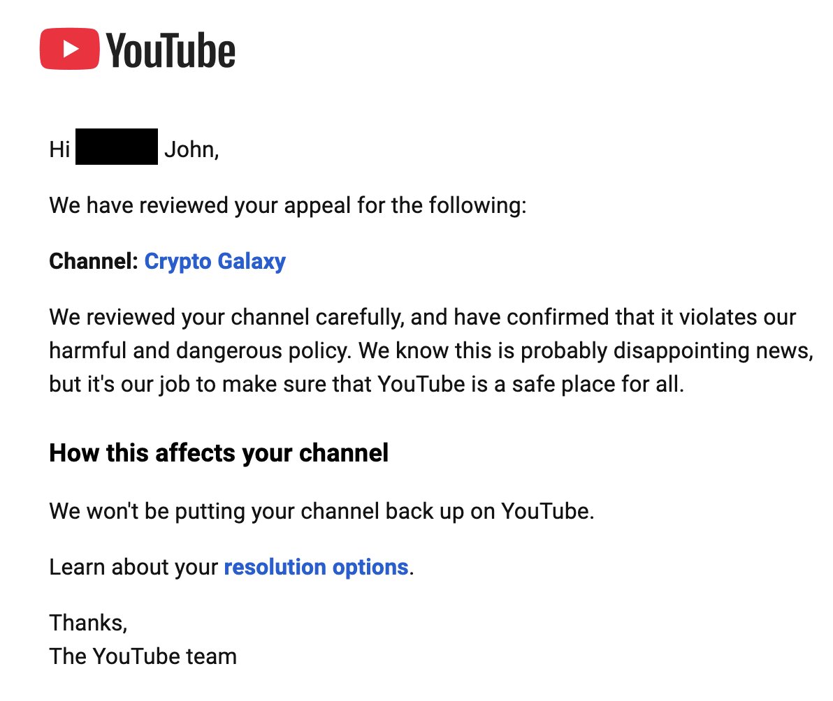 cryptogalaxycc's tweet image. This is my second open letter to @YouTube and @nealmohan. 

Today, proof has been shown that YT moderation is run by automated software with no consistency. 

They reinstated the 100xClub YT channel run by @FefeDemeny after wrongful termination...

...but only because of public…