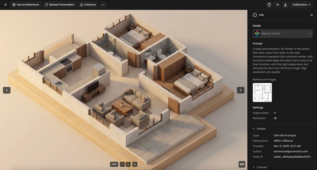 emmanuel_2m's tweet image. 🤯🍌🤯

Gemini 3.0 can convert a 2D blueprint into a 3D-rendered visualization - at 4K resolution.

Just paste your 2D plan and add the prompt (in ALT).

Absolutely insane for architects or interior design workflows.