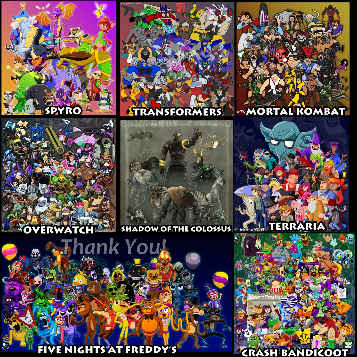 trinteium's tweet photo. Which one of my Fanart Sequences was the best?

#starwars #spyro #overwatch #mortalkombat #terraria #shadowofthecolossus #fnaf #crashbandicoot #transformers https://t.co/JPzTi0bR1F