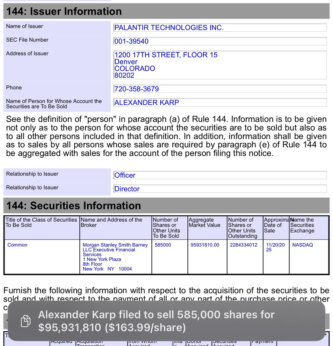 FilingTracker's tweet image. $PLTR Co-founder and CEO Alex Karp filed to sell 585,000 shares for $95,931,810 ($163.99/share):

sec.gov/Archives/edgar…