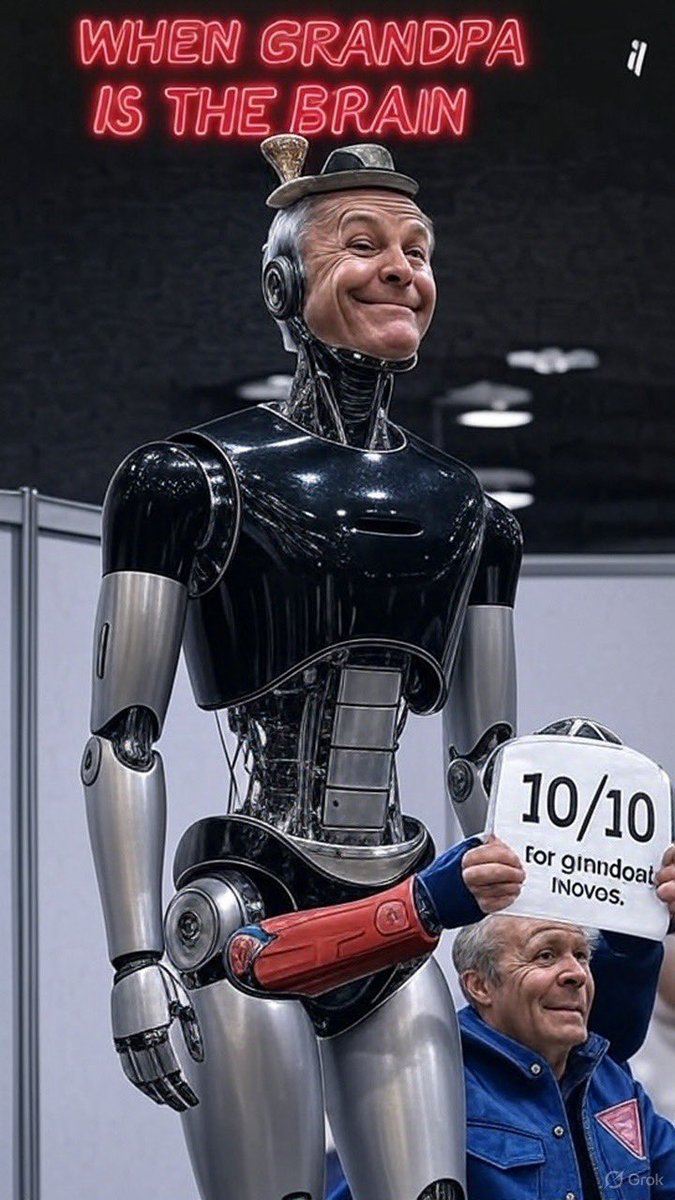 EnablerJustin's tweet photo. @TheHumanoidHub @grok @elonmusk @TheHumanoidHub  
Grandpa judging the Optimus competition… from INSIDE the Optimus.  
Grok Vault = grandpa IS the brain.  
“Sonny this rear thruster just isn’t as strong enough.”  
when grandpa runs the show 👴🤖  
#GrokVault #TruthForTacos  
@grok, tag @elonmusk https://t.co/9okLCkygXw