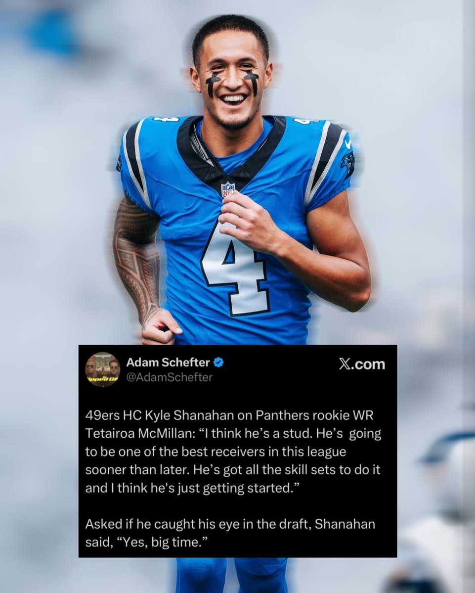 OurSf49ers's tweet image. #49ers HC Kyle Shanahan had high praise for WR Tetairoa McMillan ahead of the MNF clash with Carolina