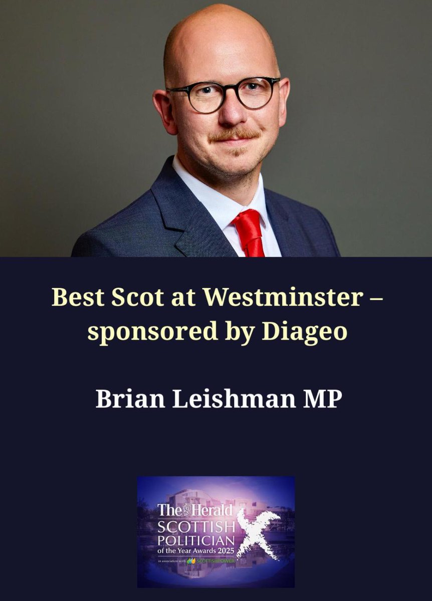 heraldscotland's tweet photo. Brian Leishman MP wins Best Scot at Westminster - sponsored by Diageo at The Herald Scottish Politician of the Year Awards 2025, in association with ScottishPower

Follow LIVE updates 👇

#politicianawards25 https://t.co/YAUVJWnnDu