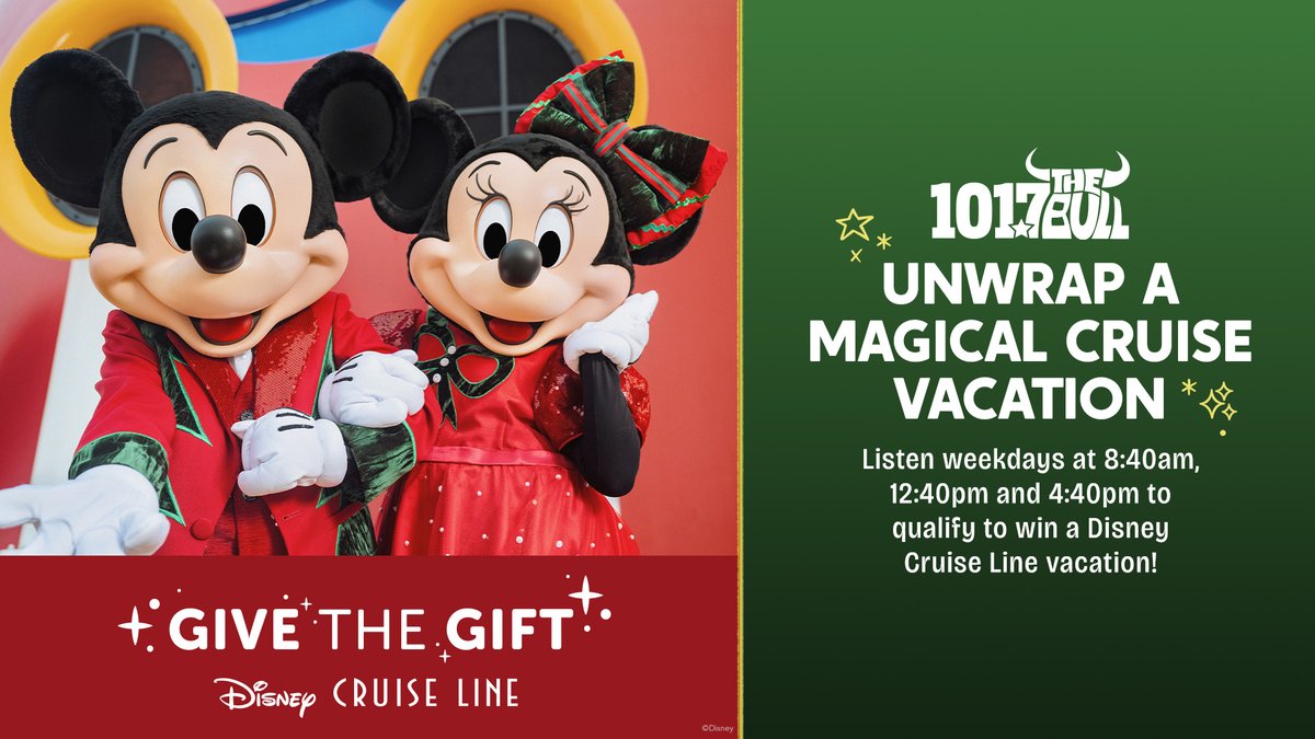 101.7 The Bull wants to help you give the gift of a magical Disney cruise vacation 🤩✨

Listen to 101.7 The Bull on the iHeart app weekdays at 8:40am, 12:40pm and 4:40pm to hear the qualifying keyword. When you hear it, use the Talkback Mic button to leave us a message telling
