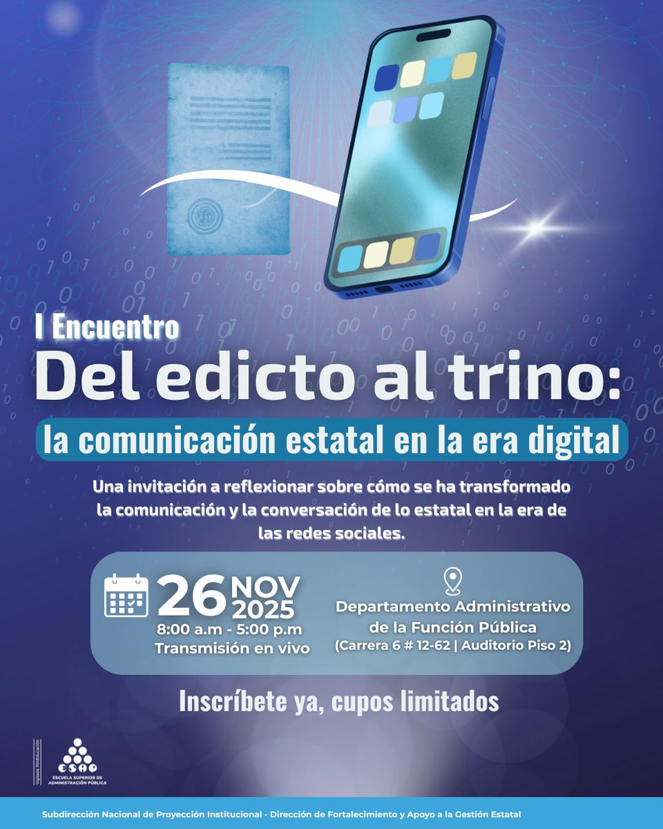 La comunicación pública cambió.
Únete al seminario “Del edicto al trino” y descubre cómo acercar el Estado a la ciudadanía, enfrentar la desinformación y crear mensajes más efectivos en la era digital. 
🔗 Inscríbete aquí: sirecec4.esap.edu.co/inscripcion/10…