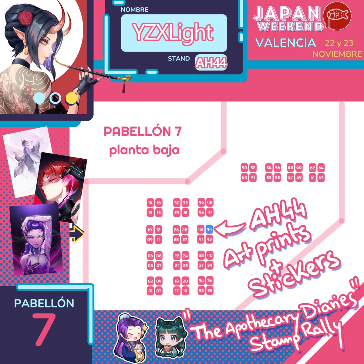 YZXLight's tweet image. Hola! Soy YZXLight y estaré por primera vez en la Japan Weekend😍 ! Nos vemos este fin de semana en el stand AH44😁. 
✨Os espero con prints de fanarts y arte original, además de una buena colección variada de stickers✨.
#JWArte #JapanWeekendValencia