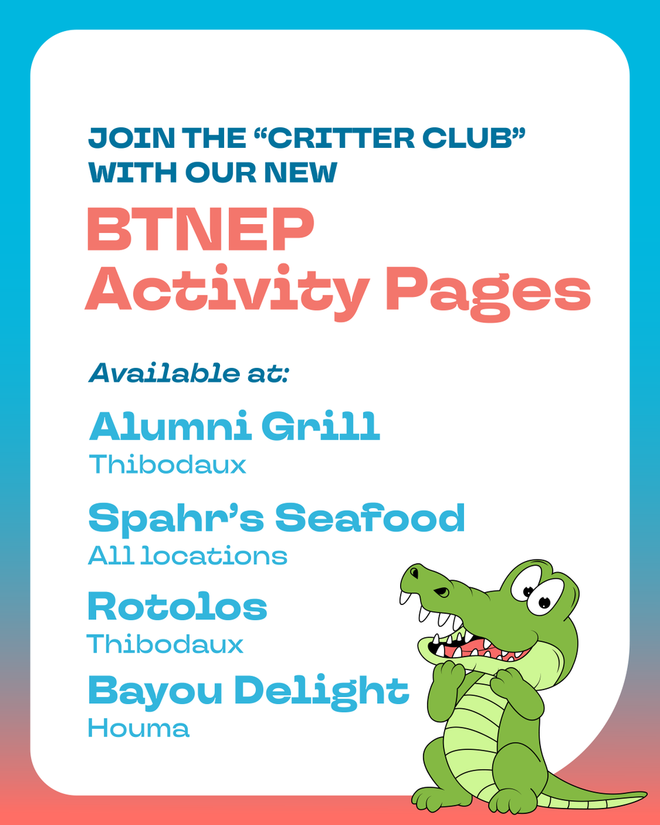 Little #EstuaryExplorers now, #EstuaryProtecters later! We’re excited to debut our BTNEP Coloring Pages for kiddos, available at Alumni Grill, Spahr’s Seafood, Rotolos, &amp; Bayou Delight.

Want to bring BTNEP Coloring Pages to your favorite restaurant? Let us know: info@btnep.org!