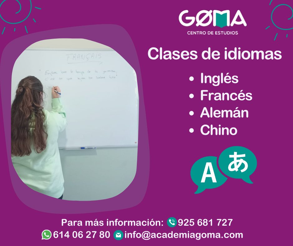 En GOMA Centro de Estudios, te enseñamos los #idiomas más demandados:
#Inglés, #francés, #alemán, #chino
Clases personalizadas
- Profesores nativos y titulados
- Enfoque práctico: habla desde la primera clase
- Disponible en #presencial y #Online 

#Talavera