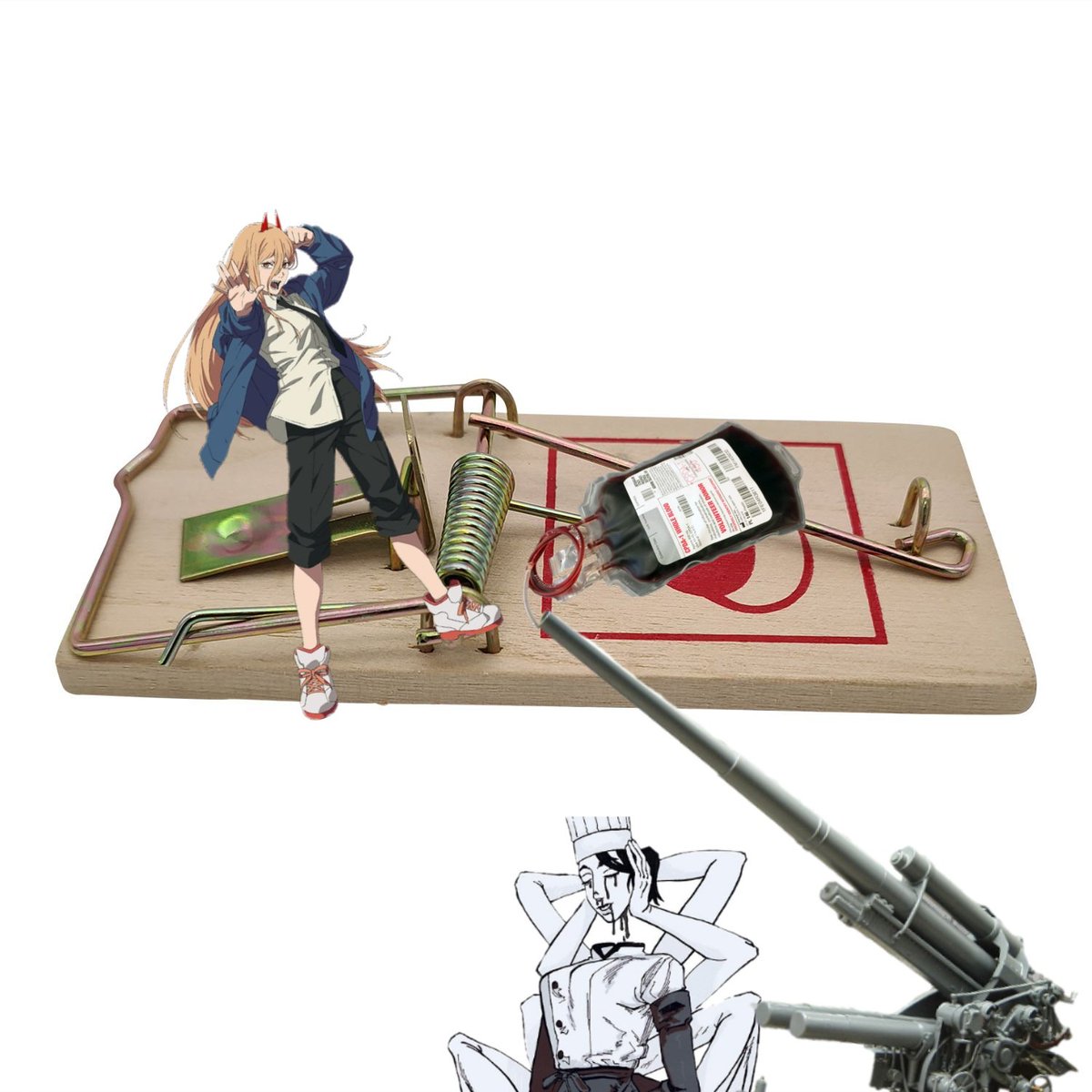 FALLINGCOOK's tweet image. Chéries! In this prank, I lured @BloodFiendPowey into a trap with blood; after she is captured, an 8.8 cm anti-aircraft gun will fire on her continuously!