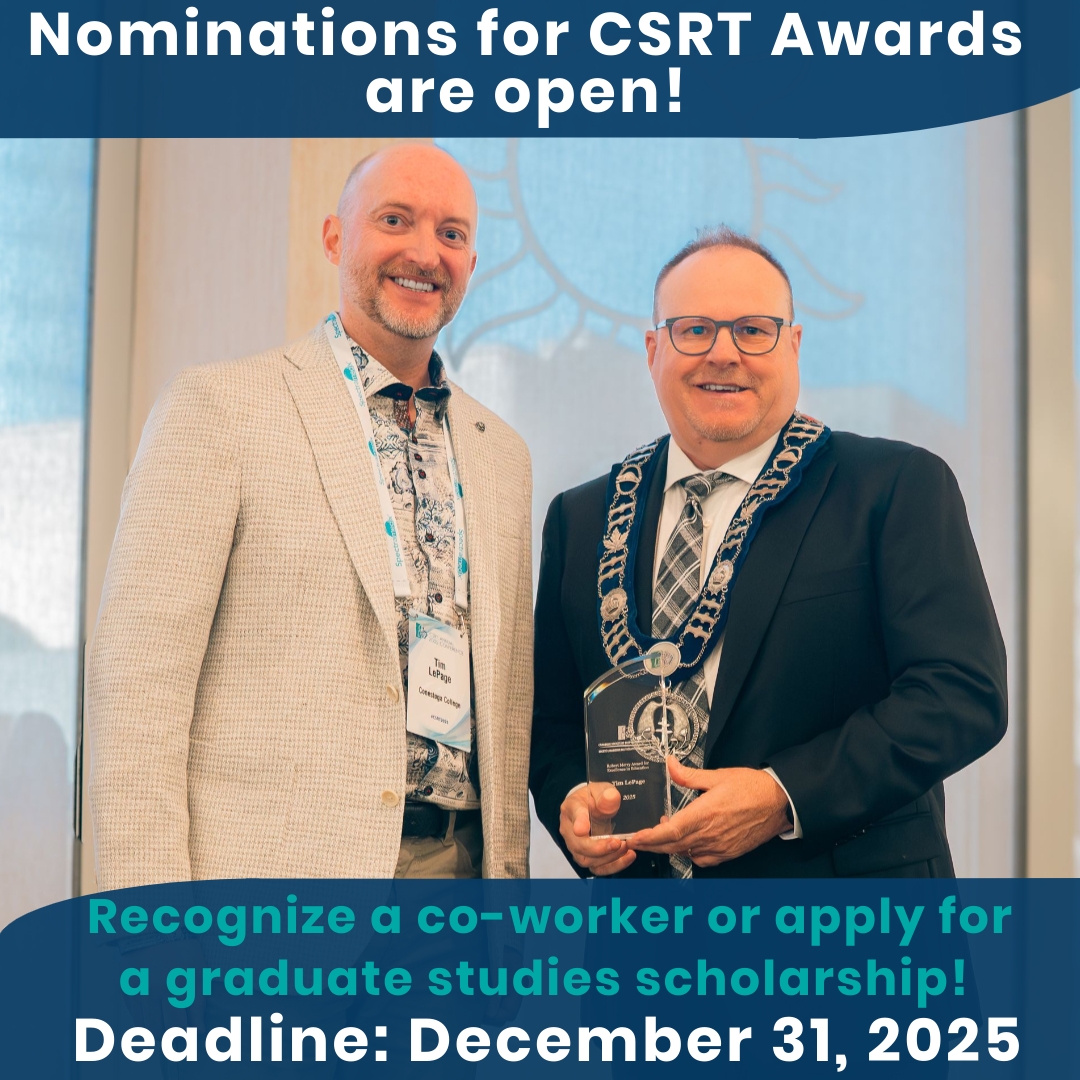 CSRT_tweets's tweet image. Consider nominating a colleague for a CSRT award (or apply for a graduate studies scholarship). We recognize RTs/CCAAs who have made a significant contribution to professional practice, RT education, or excellence in anesthesia assistance (AA). Deadline Dec 31, 2025