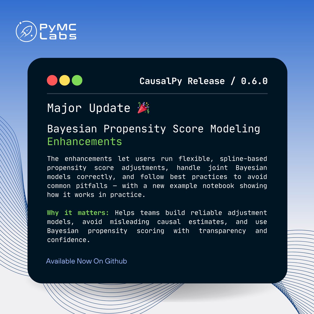 pymc_labs's tweet image. 🚀 #CausalPy 0.6.0 adds Bayesian Propensity Score Enhancements! 

Flexible spline adjustments, improved joint modeling, and an example notebook make scoring more robust, showing how design thinking complements #Bayesian estimation. 

🧩Try it on Github: dub.link/wAWDbxB
