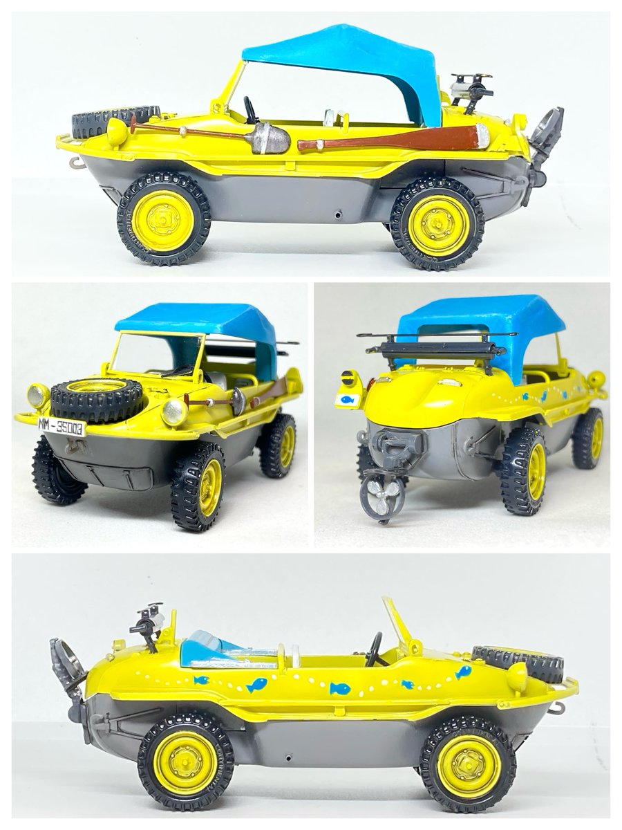 ukuleleman2's tweet image. タミヤ 1/35 MM No.3 
シュビムワーゲン 完成❗️

2019年に再販した旧キットです
マフラーカバー、オール、後部フック、水抜き穴等、ディテールを追加

足漕ぎボートのイメージでカラーリングしました🐟

#タミヤ
#TAMIYA
#ミリタリーミニチュア
#手描きマーキング