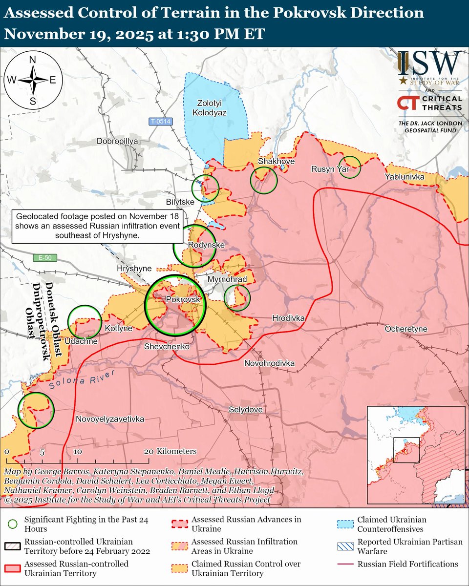 BLOCKED IN POKROVSK Ukrainian forces have significantly slowed  Russian advances into Pokrovsk.  According to ISW, the situation remains fluid, but Russia's timeline has bee disrupted.
euromaidanpress.com/2025/11/20/isw…