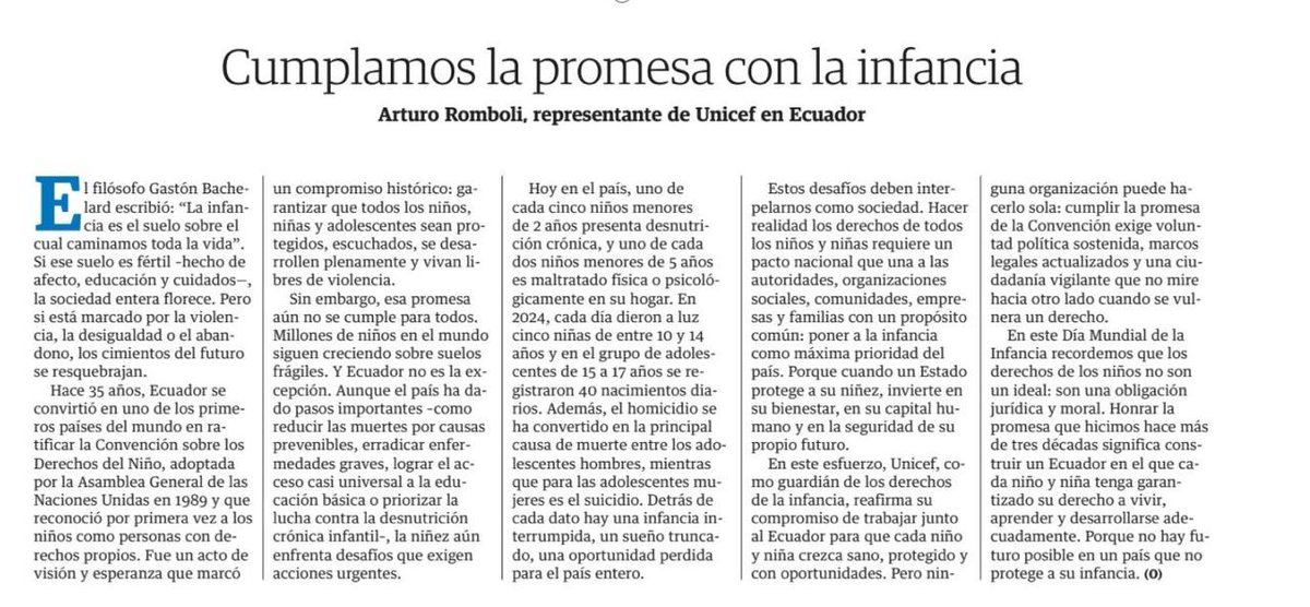 📌"Honrar la promesa que hicimos hace más de tres décadas, cuando Ecuador ratificó la Convención sobre los Derechos del Niño, significa construir un país en el que cada niño y niña tenga garantizado su derecho a vivir, aprender y desarrollarse adecuadamente". 

🔗📰Les invitamos