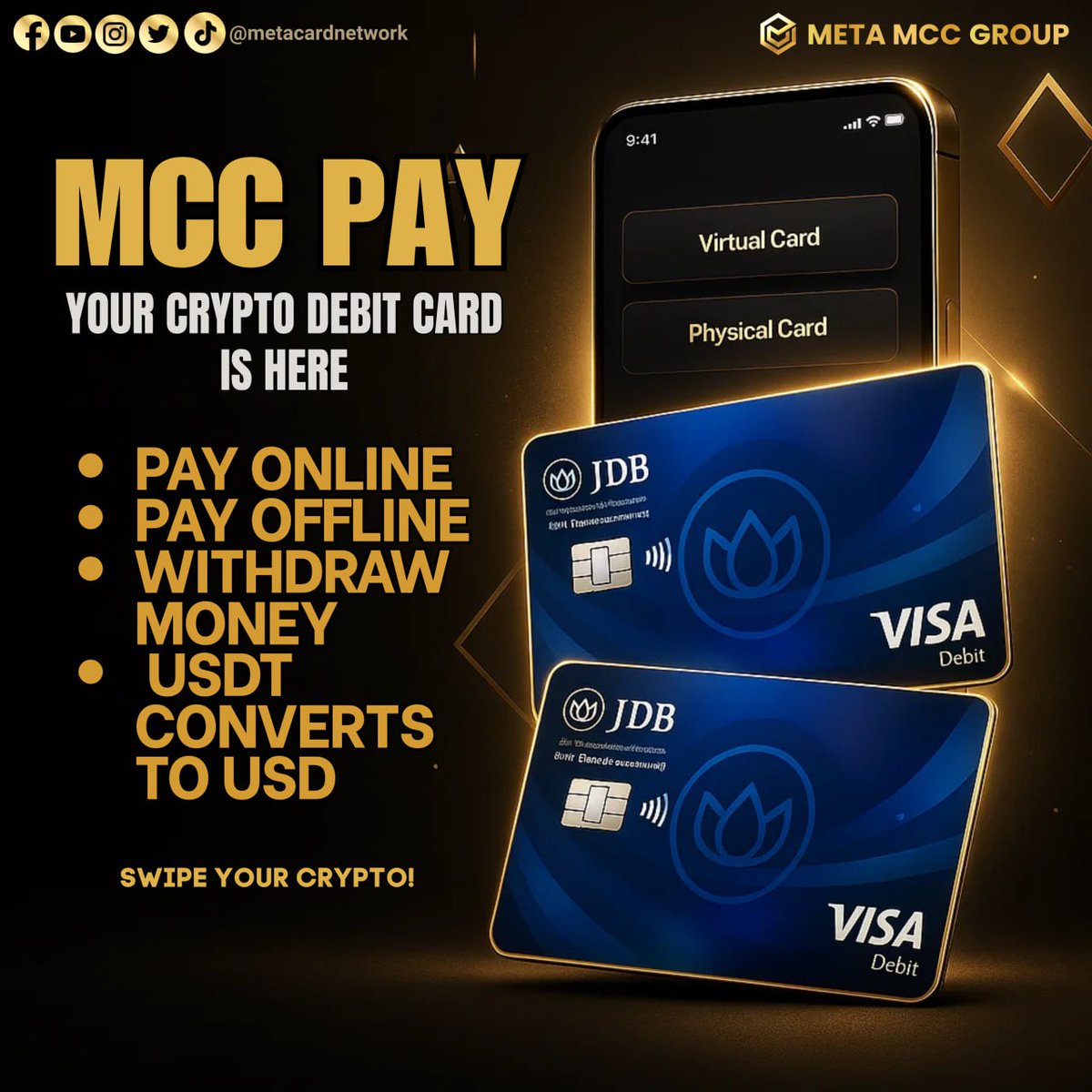 MetaCardNetwork's tweet image. Sometimes you just need a card that simply works.
Online, offline, or even when you need cash — this one does the job. 
And yes, your USDT converts to USD when you use it.