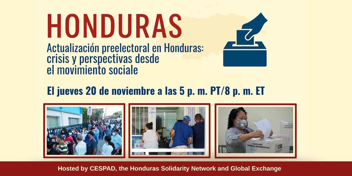 ¡Nos vemos en unas horas! 

A las 7 pm. <a href="/GustavoIrias/">Gustavo Irias</a>, director ejecutivo del CESPAD, participará en el conversatorio: "Actualización preelectoral en Honduras: crisis y perspectivas desde el movimiento social". 

Registro y acceso aquí: us02web.zoom.us/webinar/regist…