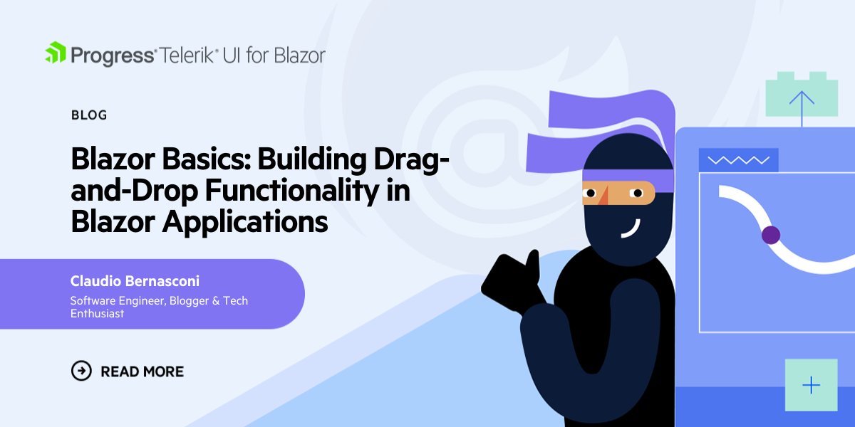 Telerik's tweet image. Want to upgrade your #Blazor apps with slick, seamless interaction? ✨ 

Then learn how to implement drag-and-drop functionality &amp;amp; how Telerik UI for Blazor makes it simple &amp;amp; powerful! 

@CHBernasconiC is here to walk you through the implementation, sharing key user experience…