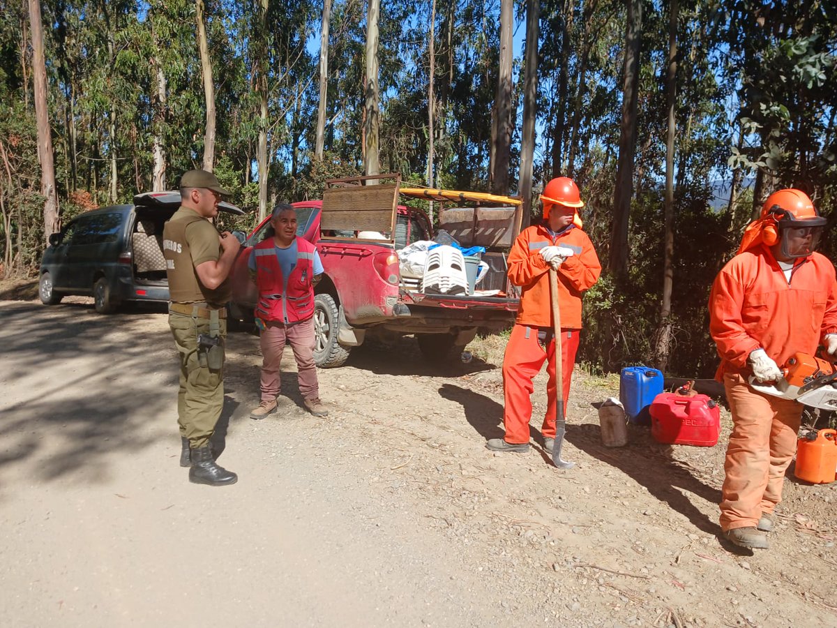 Carabineros de la Patrulla de Prevención de Incendios Forestales #OS5 Prefectura #Arauco, se entrevistan con personal de la empresa Z,  contratada por Conaf, quienes realizan corta fuego al costado de la ruta P-344 km 5,9 en  sector rural de la comuna de Arauco. Somos Prevención.