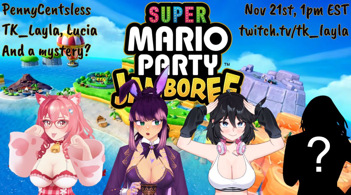 Super Mario Party Jamboree collab!
I'll be joined by <a href="/PennyCentsless/">PennyCentsless🐮🐱| Cowlico VTuber |</a> and <a href="/luciacrabs/">Lucia 🩲🦀</a> tomorrow, at 6pm GMT / 1pm EST.
Who's the fourth?
Mystery.
It could even be you!
No seriously who wants to play?
There will be more opportunities even if you don't get picked, so please? <3