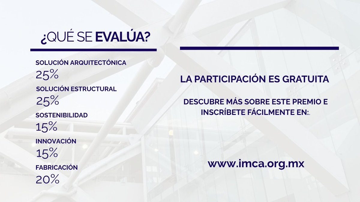 ¿Tu proyecto en acero puede estar entre los mejores de México?

¡El Premio IMCA 2025 ya abrió inscripciones!

▶️Desliza para conocer las bases y regístrate en:
imca.org.mx/EventosIMCA/pu…
