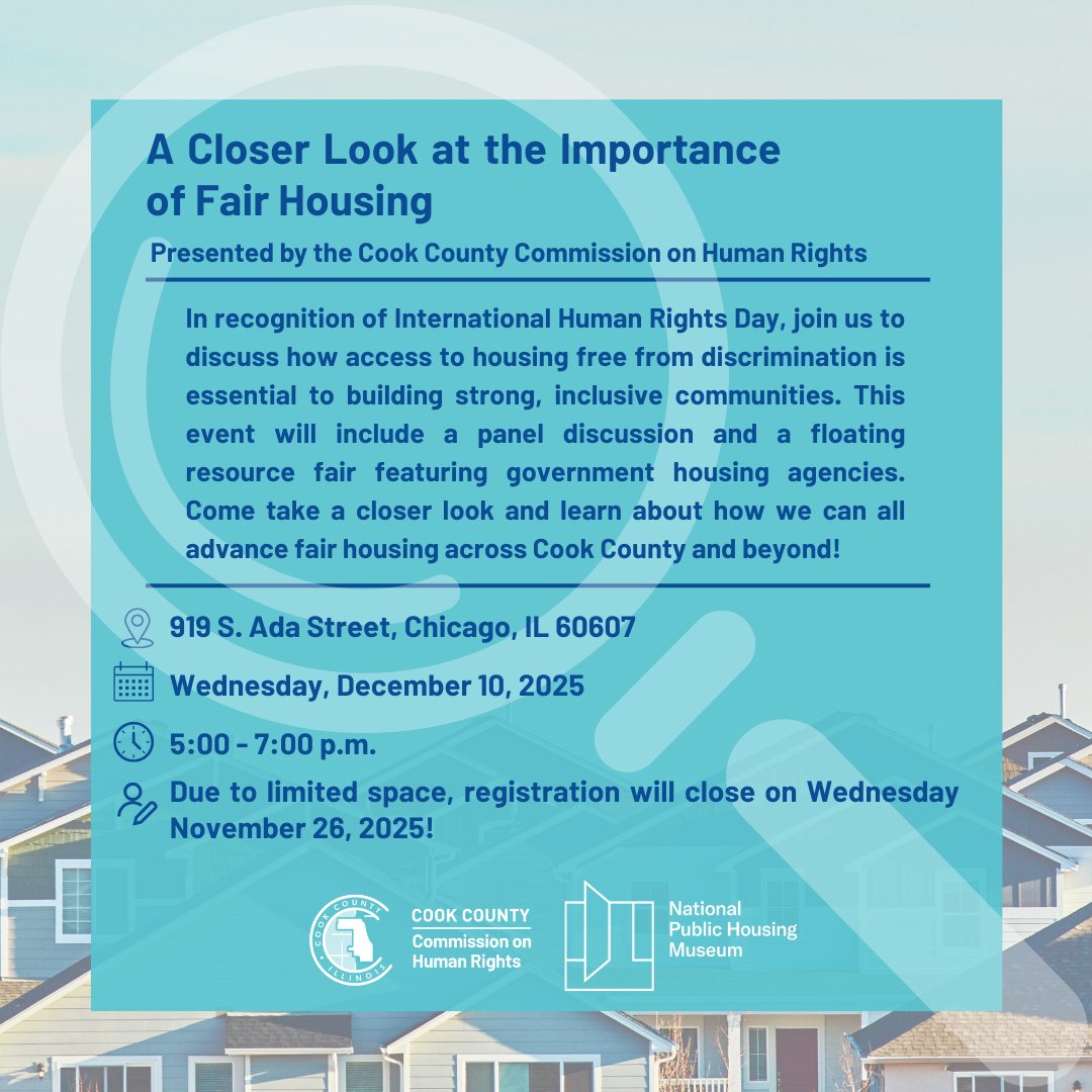 CookCtyHumanRts's tweet image. In advance of our event, we are excited to introduce our panelists! Come take a closer look and learn how we can all advance fair housing in Cook County! Register here: forms.office.com/g/UxCi2Ti1Cq

#CookCounty #HumanRights #FairHousing