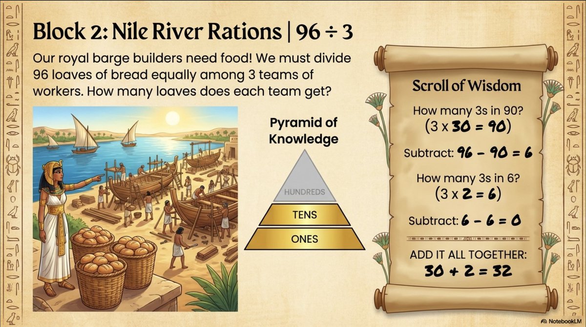 NotebookLM's tweet image. Beyond the core use of creating Slide Decks to parse out dense and complex material, what we&apos;ve really loved is exploring how entertaining the outputs can be. It turns out learning can be…fun?

For example, 14 pages of long division examples can turn into a grand division quest: