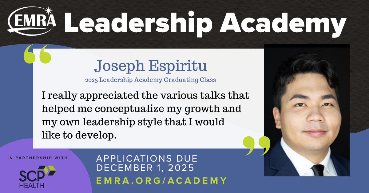 emresidents's tweet image. Take your EM leadership to the next level like Joseph! Apply to be part of the EMRA Leadership Academy here: emra.org/be-involved/ev…

#EMRALeadershipAcademy #EmergencyMedicine #EMLeadership #FutureLeaders #MedEd