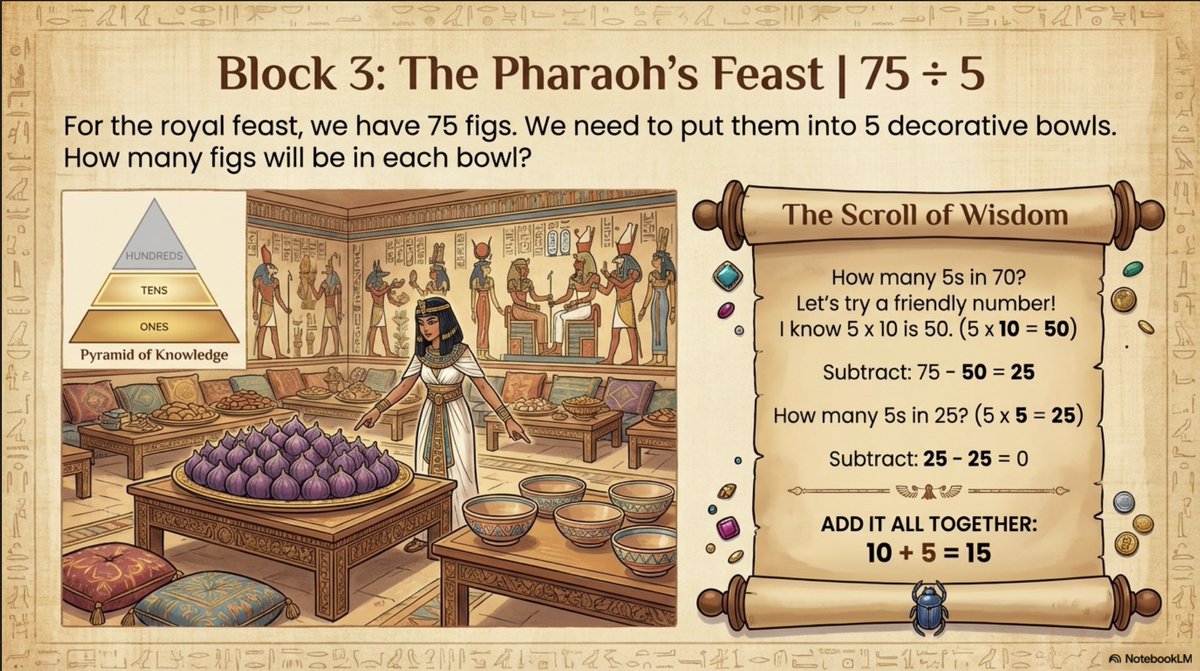 NotebookLM's tweet image. Beyond the core use of creating Slide Decks to parse out dense and complex material, what we&apos;ve really loved is exploring how entertaining the outputs can be. It turns out learning can be…fun?

For example, 14 pages of long division examples can turn into a grand division quest: