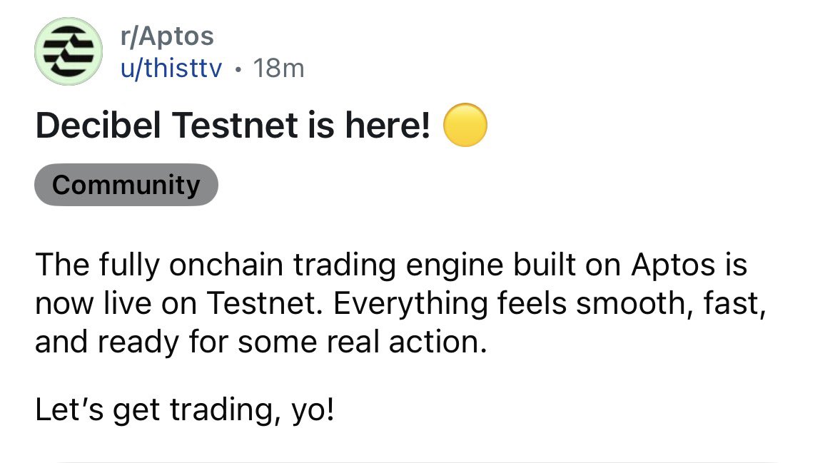 The future of global trading is now live on Testnet.

•<a href="/DecibelTrade/">Decibel</a> is looking good on Aptos