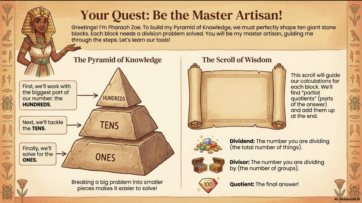 NotebookLM's tweet image. Beyond the core use of creating Slide Decks to parse out dense and complex material, what we&apos;ve really loved is exploring how entertaining the outputs can be. It turns out learning can be…fun?

For example, 14 pages of long division examples can turn into a grand division quest: