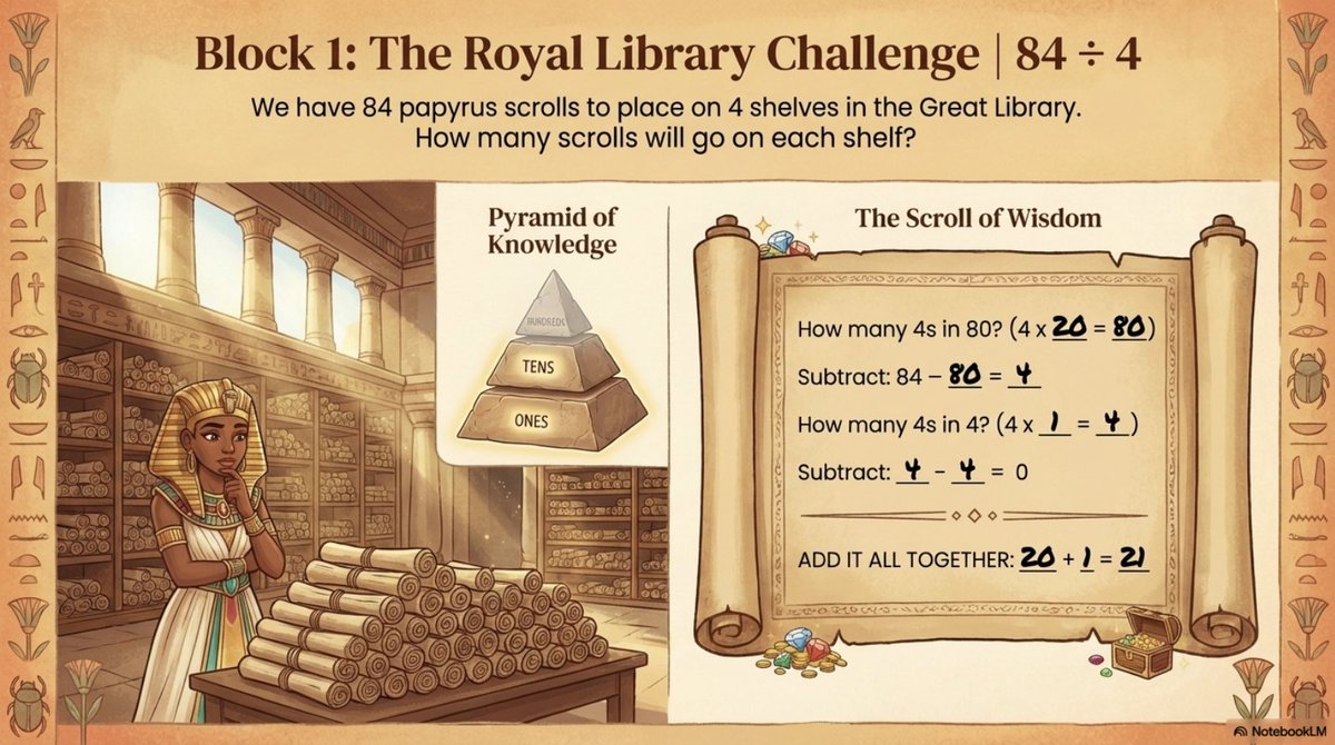 NotebookLM's tweet image. Beyond the core use of creating Slide Decks to parse out dense and complex material, what we&apos;ve really loved is exploring how entertaining the outputs can be. It turns out learning can be…fun?

For example, 14 pages of long division examples can turn into a grand division quest: