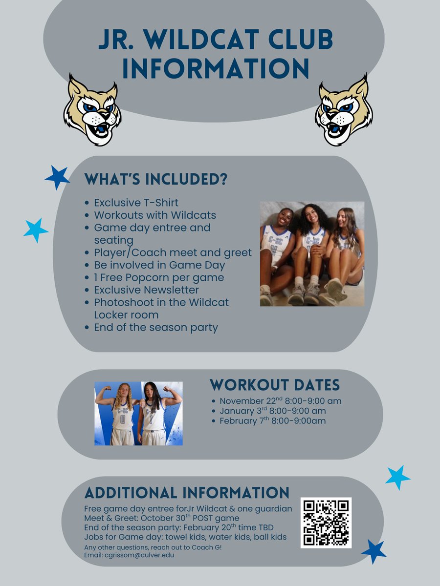 CSCWomensBBall's tweet image. There is still time to sign for our Jr. Wildcat Club‼️🤍💙

This is for girls AND boys that are grades first thru eighth❗️

Our first workout is THIS Saturday❗️🤩💙🤍

Sign up here:   forms.gle/CWyD9HJewatg71…

#WEOFEO #cscwbb