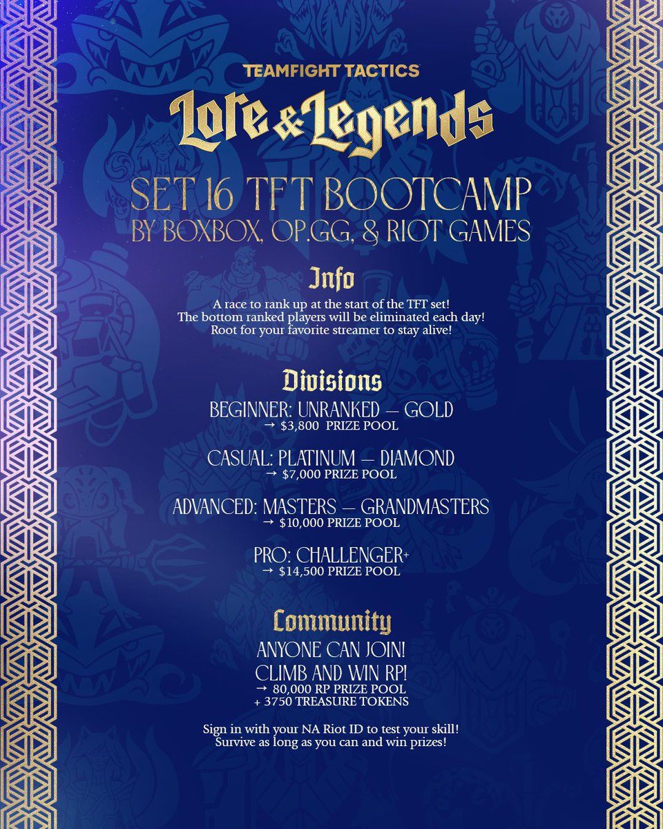 IT'S TIME FOR BOOTCAMP!! 🥳🥳

OP.GG x BoxBox Bootcamp TFT Set 16 Lore &amp; Legends streamer signups are NOW OPEN! (Community signups will be announced closer to the set launch)

This Bootcamp we're making 2 BIG new changes - Beginner Division &amp; Coaching! Look at