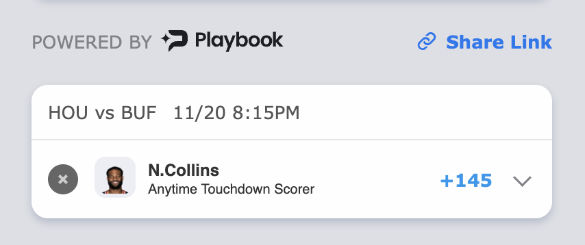 Playbook's tweet image. 🏈Nico Collins is the most-clicked TNF touchdown prop (+145) on Playbook so far. Is it hitting?
Tail🔗:bit.ly/APB1120