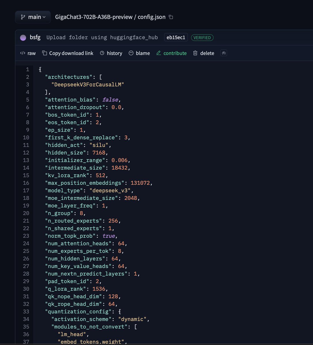 Russian Sberbank has scaled its "bruh just copy DeepSeek" paradigm to Gigachat 3 Ultra 702B-A36B. Very little info, exce