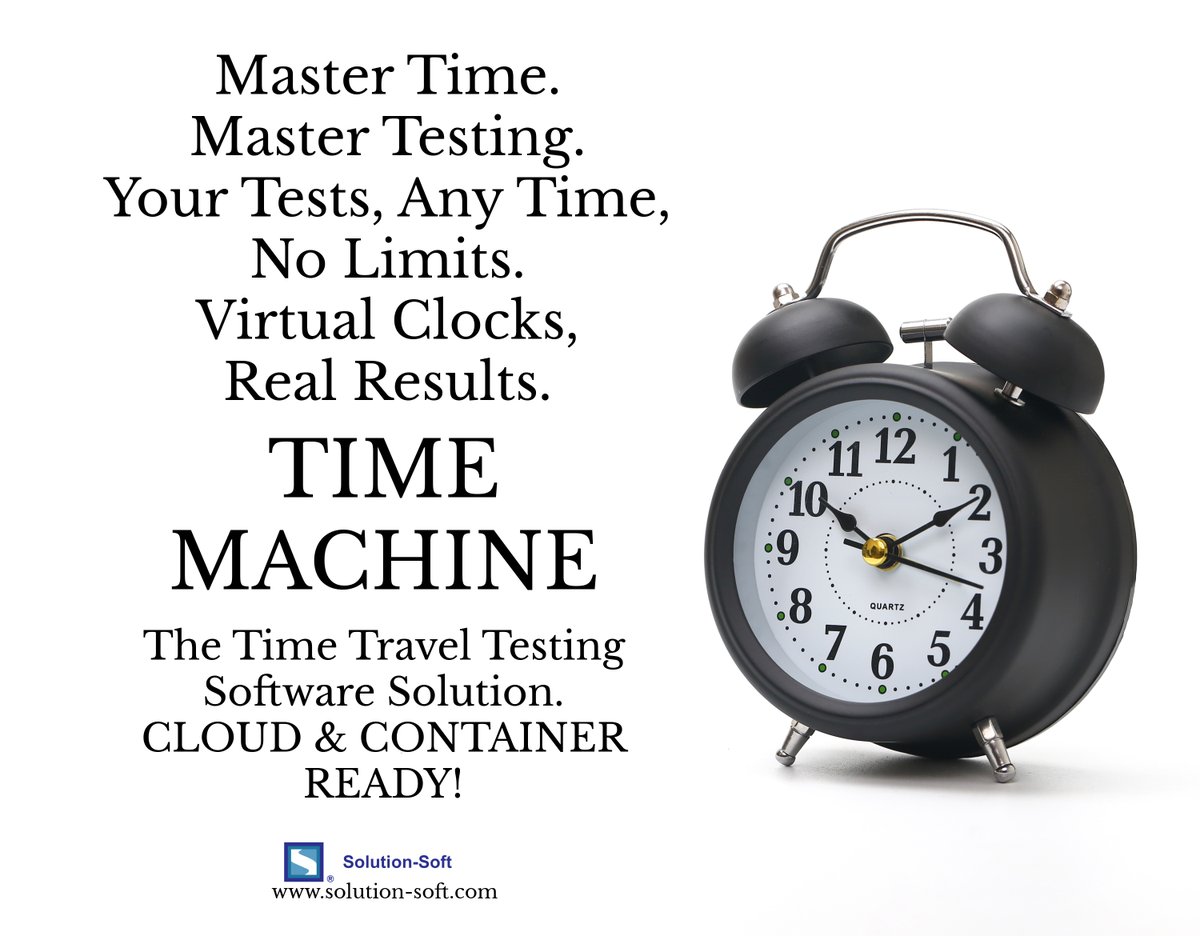 SolutionSoftTM's tweet image. Time waits for no one—but your tests can.
Simulate any date or time instantly with Time Machine®.
Faster QA. Smarter DevOps. Future-ready testing. solution-soft.com
#TimeMachine #SoftwareTesting #DevOps #CICD #CloudMigration