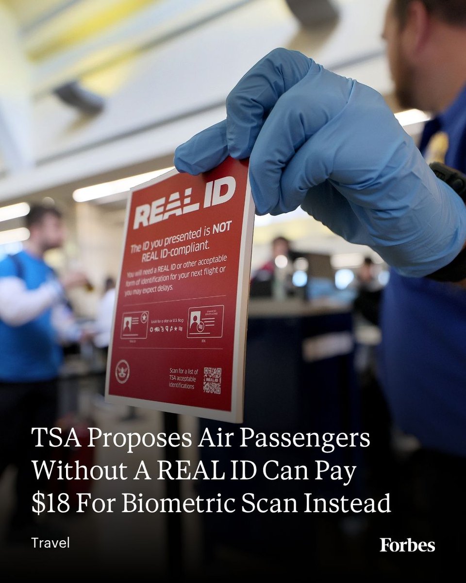 Forbes's tweet image. As soon as January, the TSA wants to let air travelers without a REAL ID get through security by purchasing a biometric scan instead. forbes.com/sites/suzanner…

📸: Allen J. Schaben/Los Angeles Times via Getty Images
