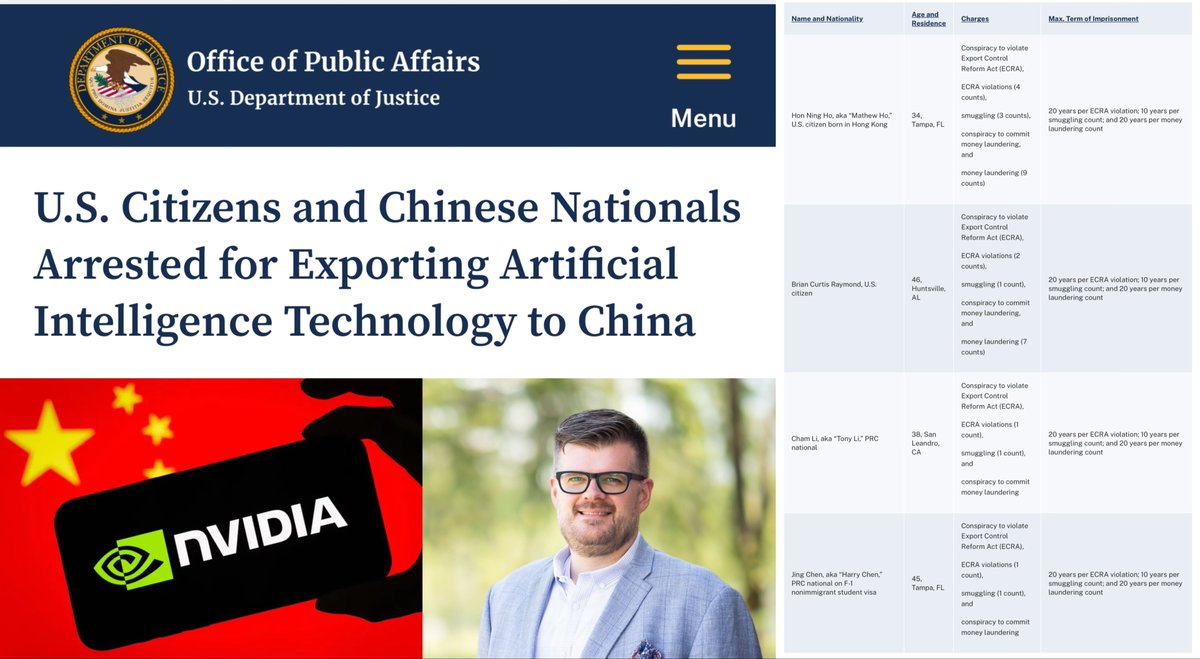 Byron_Wan's tweet image. Two 🇺🇸 citizens and two 🇨🇳 nationals — all residing in the US — have been arrested and charged with a conspiracy to illegally export cutting-edge Nvidia GPUs to China.

Those arrested include Hon Ning Ho, aka “Mathew Ho,” a 🇺🇸 citizen born in Hong Kong; Brian Curtis Raymond, 🇺🇸…