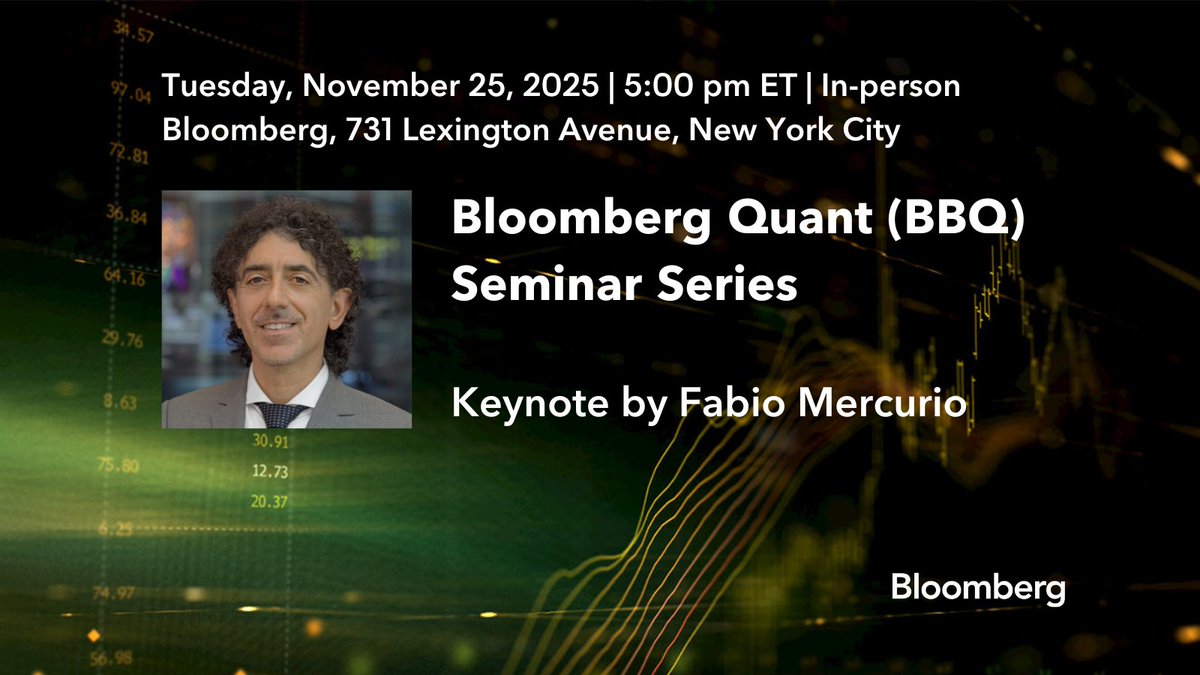 TechAtBloomberg's tweet image. Tune in next Tuesday, Nov. 25 (5:30-7 PM EST) for a livestream of this month&apos;s @Bloomberg #Quant (BBQ) Seminar, featuring a keynote about #machinelearning &amp;amp; interest rate yield curves by Fabio Mercurio + lightning talks
bloom.bg/4pGTCgz
#QuantFinance #QuantitativeFinance