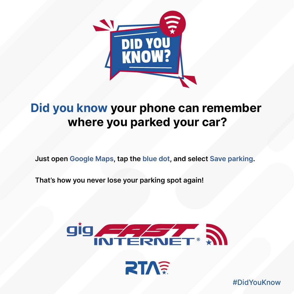 rta4usa's tweet image. Now you know how to always find your parked car! ✅
👉 See more on rtatel.com
#TechTip #StayConnected #gigFASTINTERNET #RTA #DidYouKnow #GoogleMaps