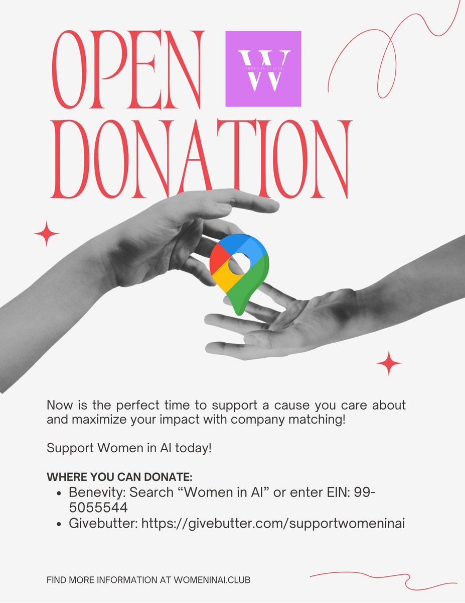 womeninaisf's tweet image. 🚨 Last day of Google Giving Week! 🚨

Support Women in AI 💜 and double your impact with company matching!

🔗 Donate: causes.benevity.org/content/women-…
Search “Women in AI” | EIN: 99-5055544

#WomenInAI #GoogleGivingWeek #DiversityInTech #AIForGood