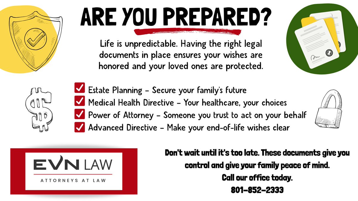 EVNLawUtah's tweet image. Are you prepared?

#willsandtrusts #advancedirective #estateplanning #medicalpowerofattorney #medicalhealthdirective #notary #notarypublic #notaryservice #elderlaw  #medicaidassetprotectiontrust #powerofattorney  #UtahAttorney #daviscountyattorney #probate #evnlawutah #EVNLaw