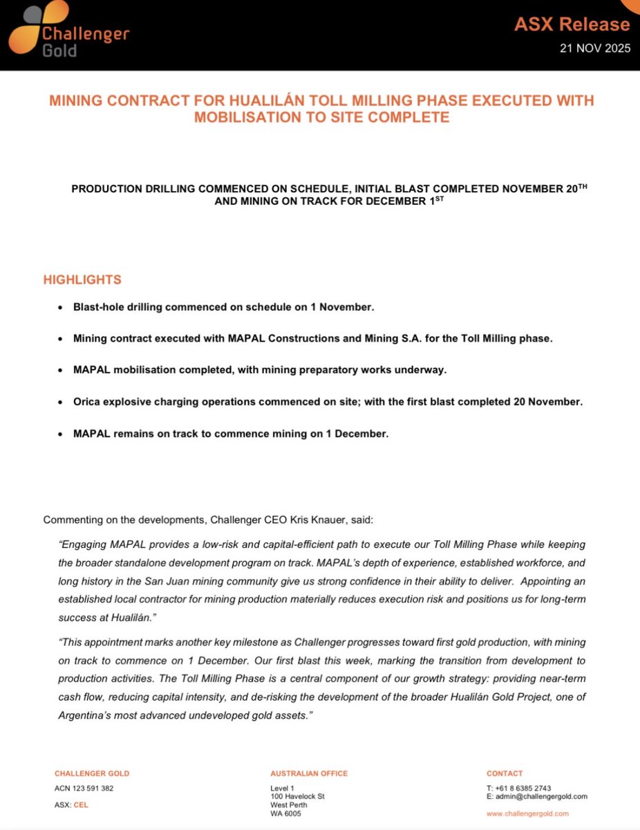 $CEL.AX
 Continued de-risking to get to first production from oll milling in early 2026 with the appointment of established local mining contractor MAPAL who are on track to commence mining December 1st at Hualilan for the toll milling phase.
 announcements.asx.com.au/asxpdf/2025112…