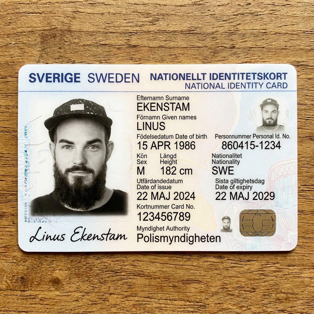 LinusEkenstam's tweet image. Nano Banana Pro 🍌crazy use-case.

I just turned my x profile photo into a swedish national ID card. 

scary part, It almost got the dates and year right. 

profile pic + prompt ”make an ID” via API

Thanks @heysirio_ai for the tip.