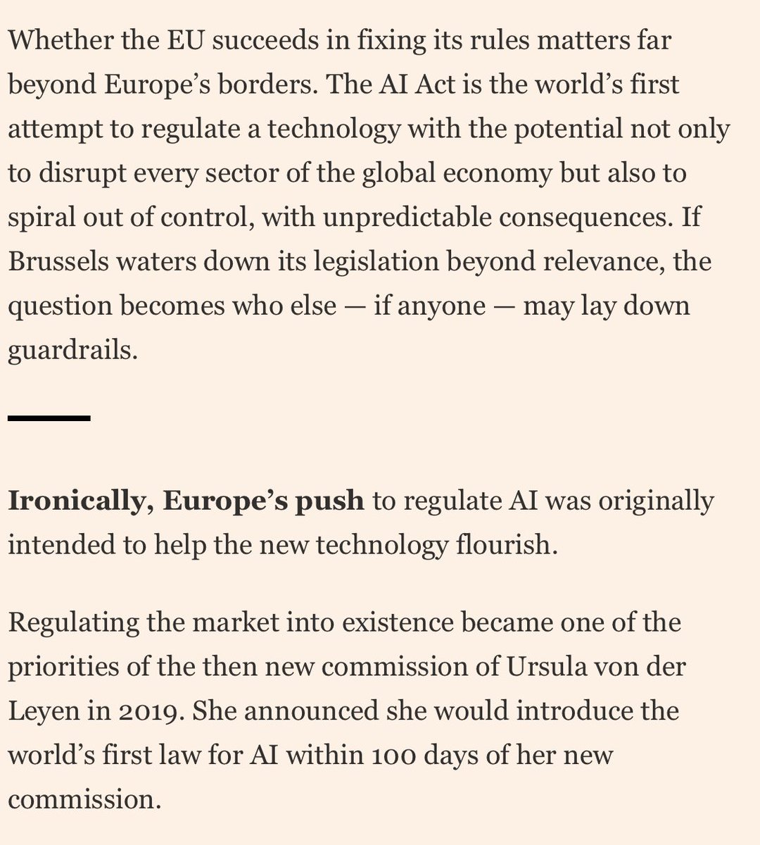 欧盟是如何搞砸其人工智能监管尝试的?
布鲁塞尔能否在为科技发展设定规则的愿望与吸引投资的需求之间取得平衡?
事实证明,预防原则并非应对新兴市场和新技术的正确方法。我们可以这样理解:如果监管机构能够如此精准地预见未来发展,那么我们就能清楚地