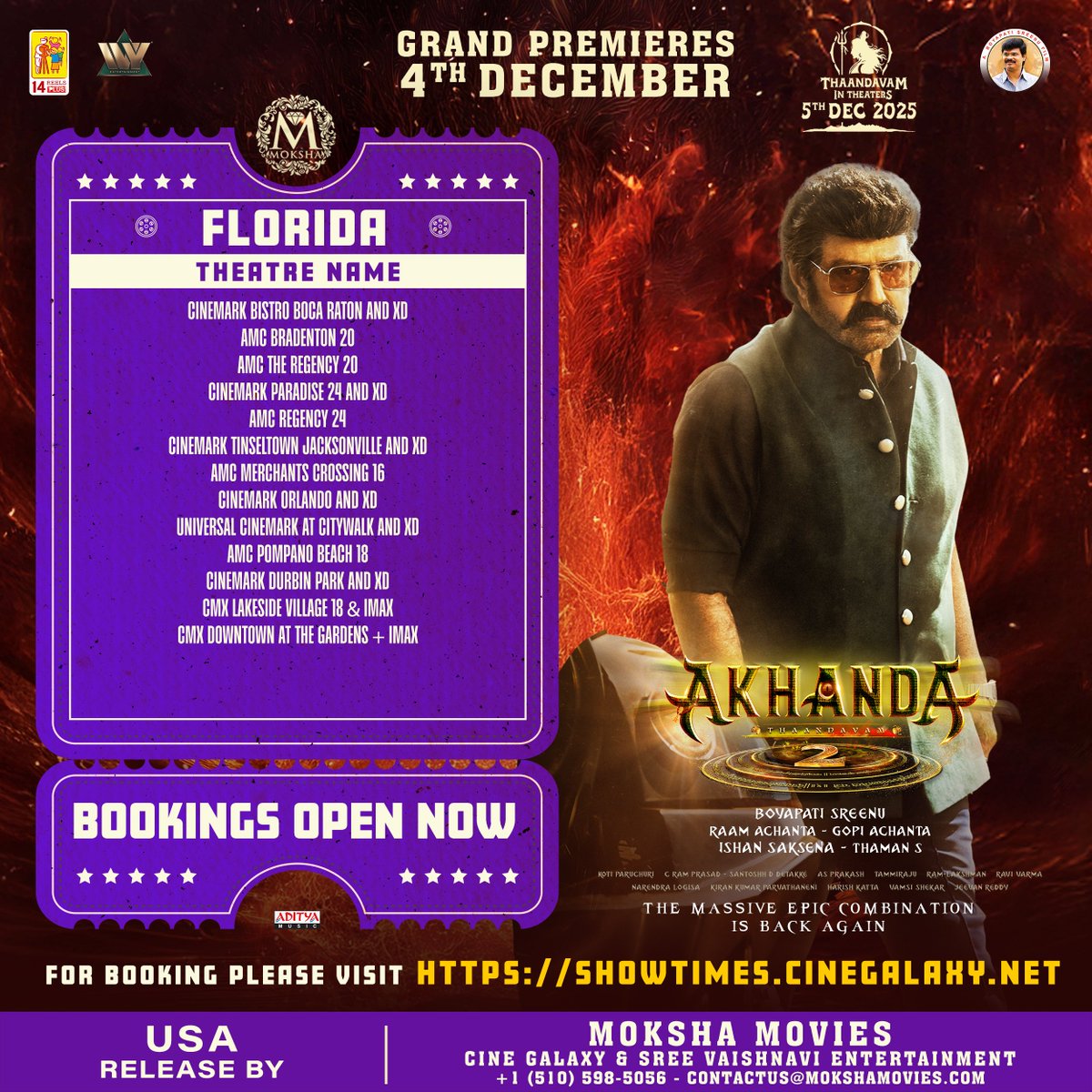 Get ready for the roar of #Akhanda2 in Florida ❤️‍🔥

Book your tickets now: showtimes.cinegalaxy.net

#AKHANDA2THAANDAVAM set to take on the big screens from December 5th. USA Premieres from December 4th!

‘GOD OF MASSES’ #NandamuriBalakrishna #BoyapatiSreenu <a href="/AadhiOfficial/">Aadhi🎭</a>