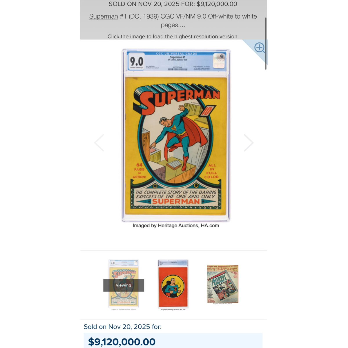 A new world record!

Superman #1 CGC 9.0 just became the most expensive comic book ever sold.

Heritage Auctions closed it at an unbelievable $9.1 million 

The hobby keeps leveling up 📈🦸‍♂️