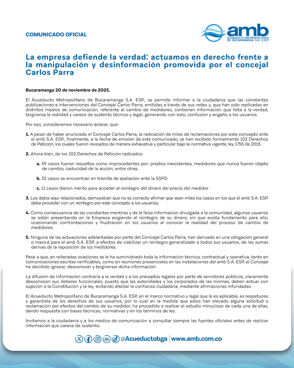 📣#ComunicadoOficial La empresa defiende la verdad: actuamos en derecho frente a la manipulación y desinformación promovida por el concejal Carlos Parra. 
Conozca la verdad con hechos y datos.

🔗 amb.com.co/amb/la-empresa…